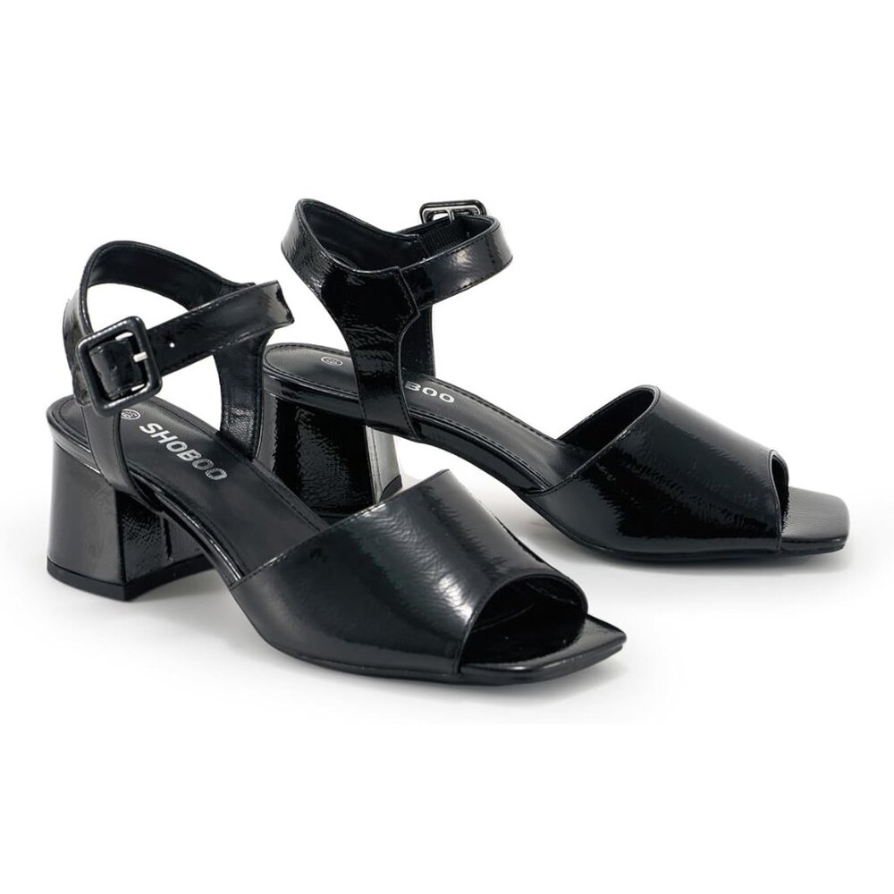 Shoboo Black PU Leather Chunky Block Heels Strappy Sandals w/Square Toe 6.5 NEW!
